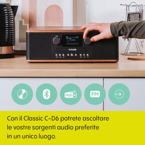 Pure Classic C D6 Sistema Musicale (Lettore CD, DAB /FM, Bluetooth, AUX, USB, Sveglia/Timer per il Sonno) Caffè Nero/Noce : Amazon.it: Elettronica
