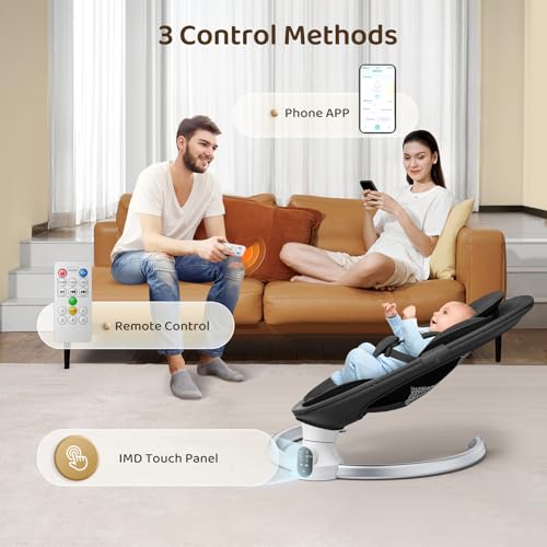 Ixdregan Sdraietta Neonati Elettrica   App e Telecomando Dondolo Neonati Elettrico con 3 timer, 5 Velocità di Altalena, 10 Musiche, Sdraietta Neonati Bluetooth Imbottita Morbida Baby (APP Nero) : Prima infanzia