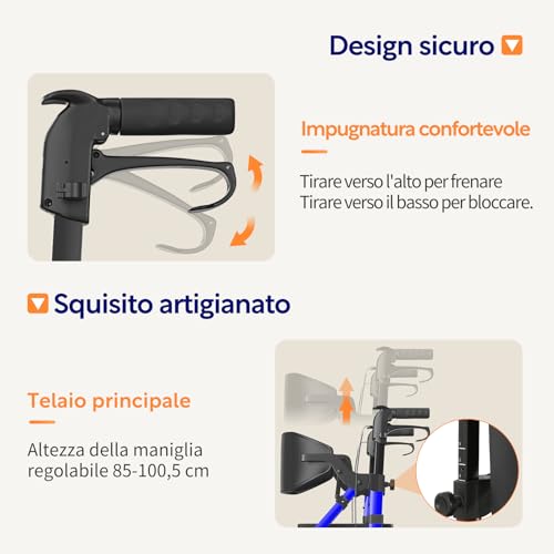 VOCIC Deambulatore Sedia Rotelle 2 in 1|Deambulatore per anziani 4 ruote con seduta,Carrello pieghevole per tutti i terreni|Rollator da esterno egolabile in altezza in alluminio |Blu 5 anni garanzia : Amazon.it: Salute e cura della persona