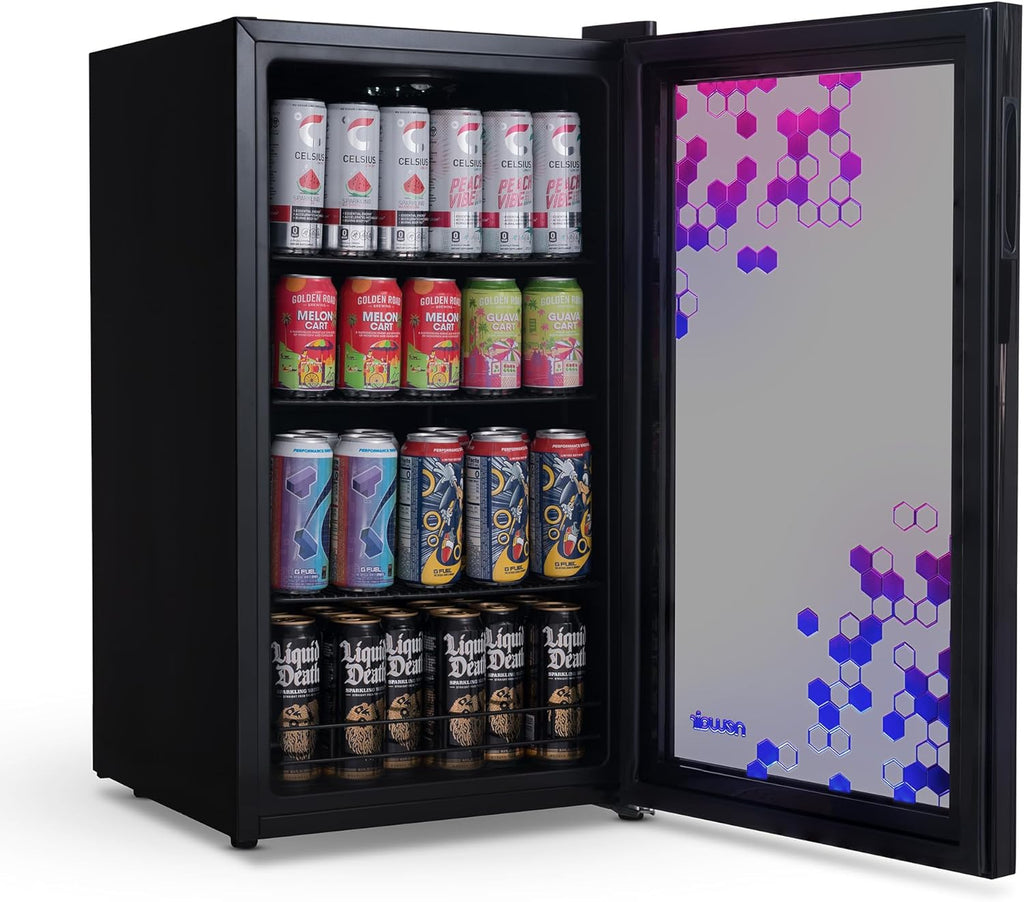 Frigorifero per bevande | 126 lattine indipendente con porta in vetro con cerniera a destra | Mini frigorifero per bevande, perfetto per birra, vino, bibite e bevande fredde