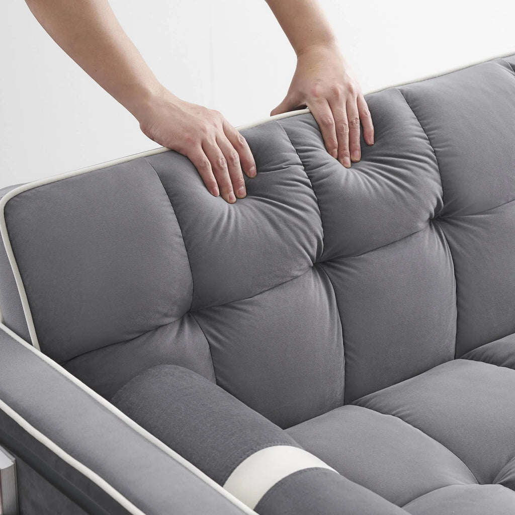 3 in 1 divano letto, piccolo velluto trapuntato convertibile divano futon con letto estraibile, schienale regolabile, cuscini cilindrici, multitasche, porta telefono per il soggiorno appartamento, grigio, 55,5”.