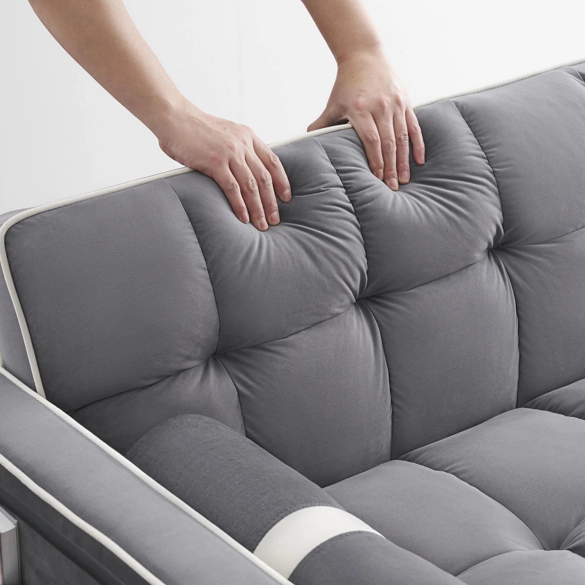 3 in 1 divano letto, piccolo velluto trapuntato convertibile divano futon con letto estraibile, schienale regolabile, cuscini cilindrici, multitasche, porta telefono per il soggiorno appartamento, grigio, 55,5”.