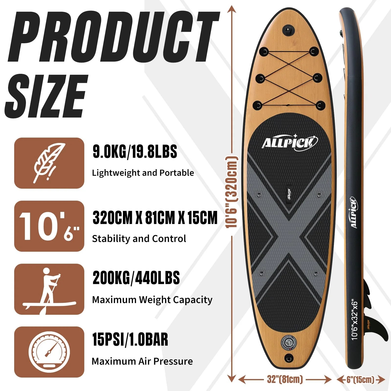ALLPICK Set premium tavola SUP, tavola da Stand Up Paddling gonfiabile, con supporto universale per fotocamera, accessori completi, pagaia regolabile, principianti e avanzati, finitura effetto legno.