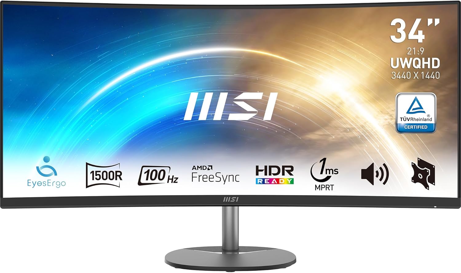 MSI PRO MP341CQ Monitor Curvo 34" UWQHD (3440 x 1440), Pannello 21:9, 100 Hz, 1 ms (MPRT), Anti-Flicker, Less Blue Light, Speaker integrati, 2x HDMI 2.0b, 1x DP, VESA 100x100, Nero