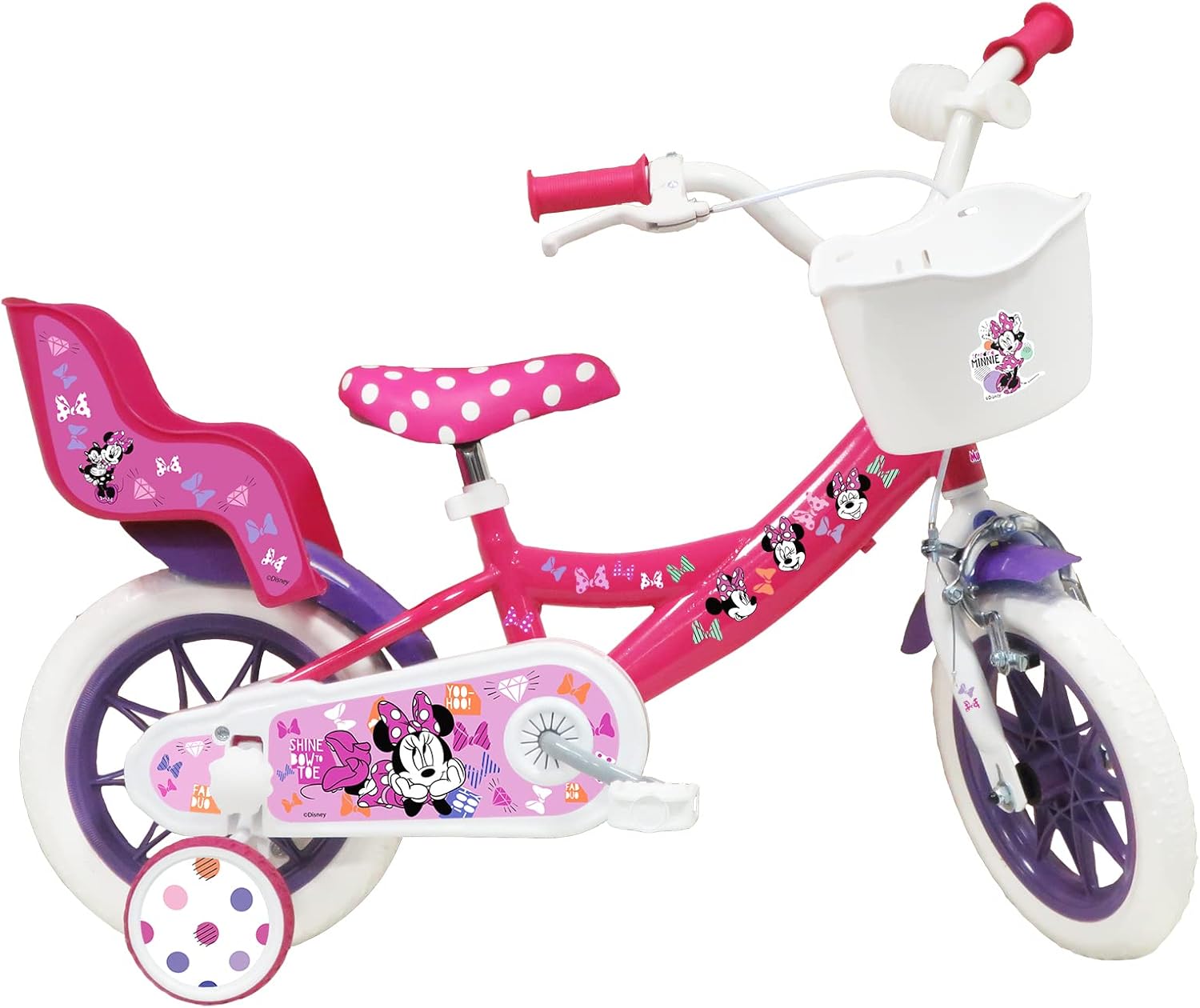 Bicicletta da Bambino 12' Dotata di 1 Freno, Cestino Anteriore, Porta Bambola Posteriore, parafanghi + Casco Incluso, 12" Ragazza, Rosa