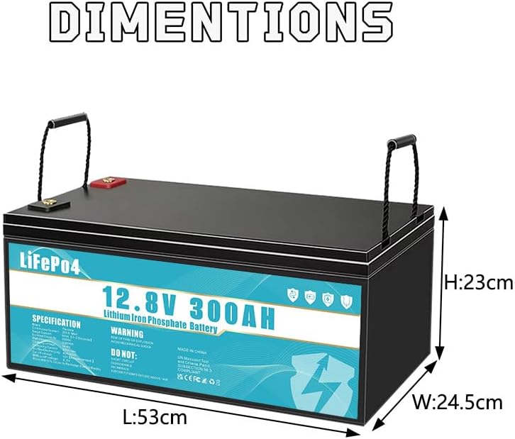 LiFePO4 12V 300Ah Lithium Iron Phosphate Battery with 300A BMS Battery Life More than 8 Years, Suitable for Camping, Solar Power, Emergency Power etc.
