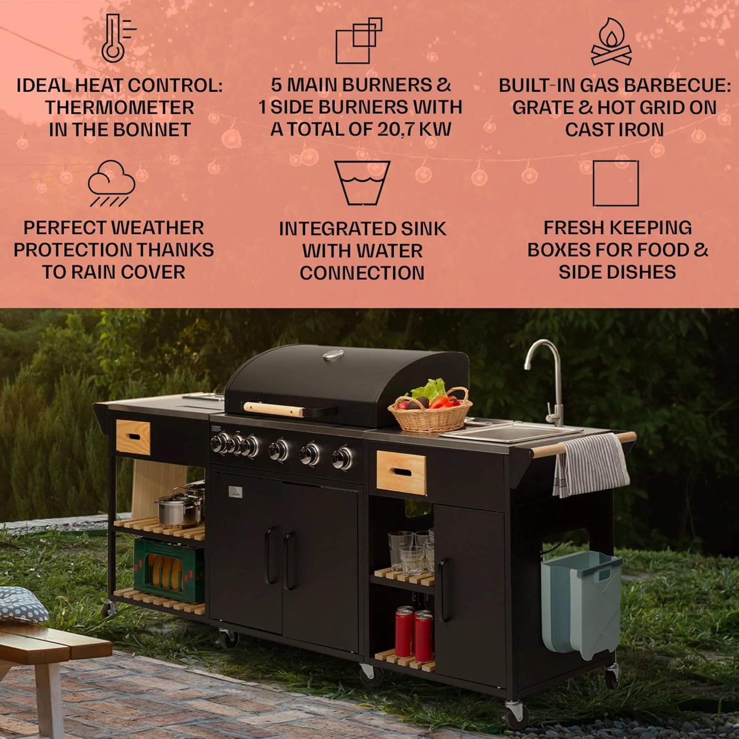 Griglia per barbecue a gas con 5 + 1 bruciatori di alta qualità, con lavello e tavoli da lavoro, 20,7 kW, stazione da cucina per esterni, per raduni, feste in giardino e catering, grande capacità di