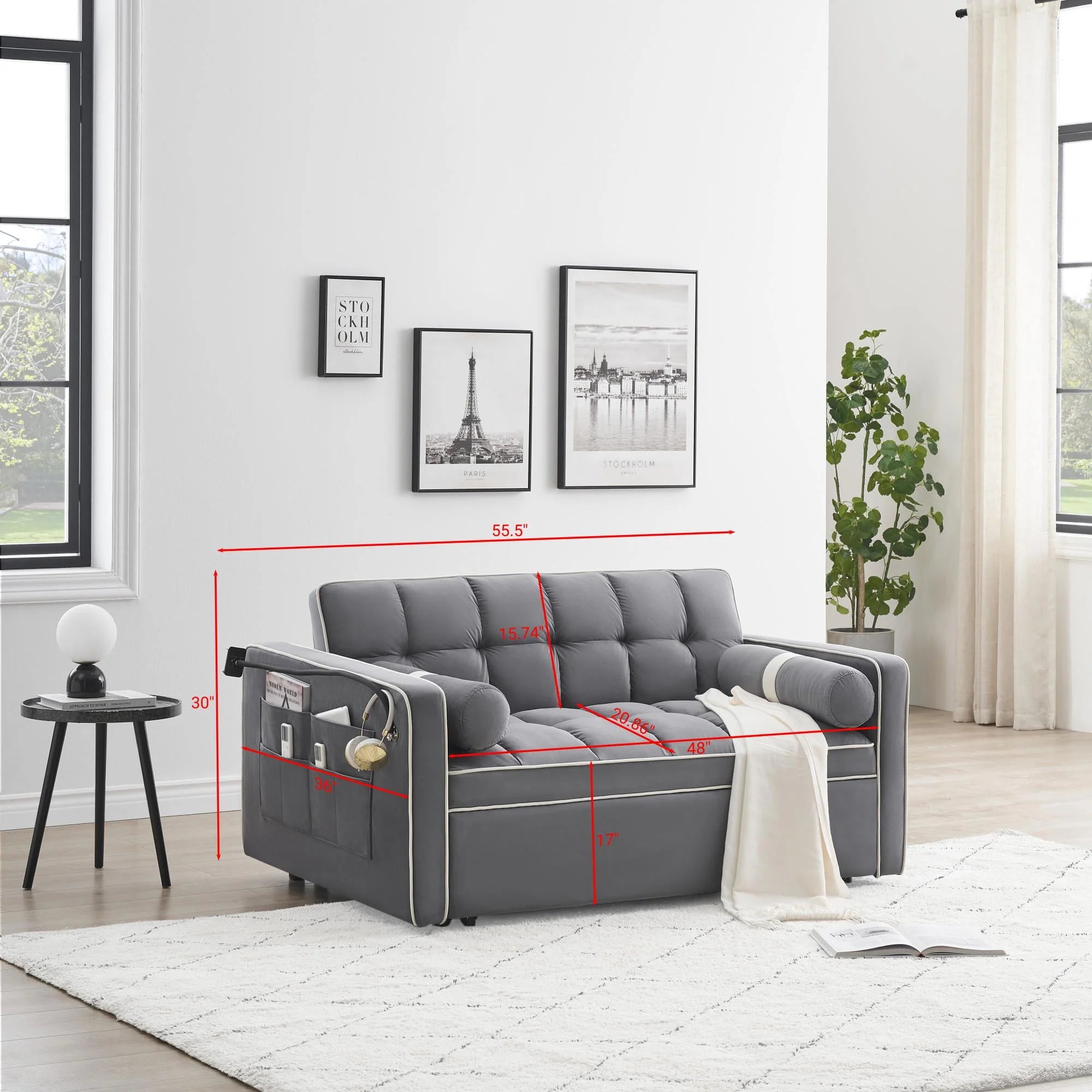 3 in 1 divano letto, piccolo velluto trapuntato convertibile divano futon con letto estraibile, schienale regolabile, cuscini cilindrici, multitasche, porta telefono per il soggiorno appartamento, grigio, 55,5”.