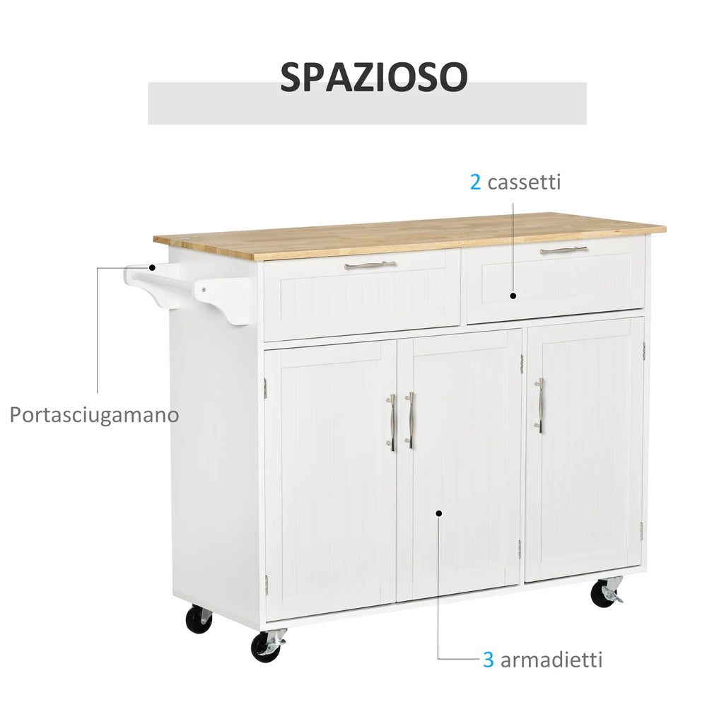 Easycomfort Carrello da Cucina Multiuso in Legno con 2 Cassetti, 3 Antine e 4 Ruote 121x46x91cm - Bianco