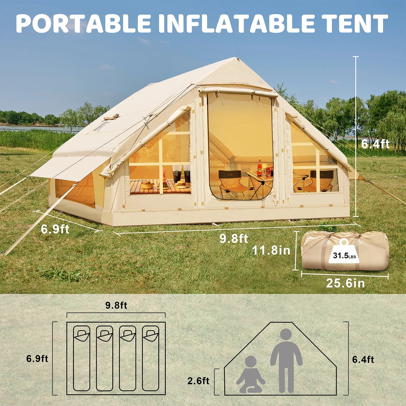 Tenda da campeggio gonfiabile per 6 persone con pompa, tenda familiare Glamping di 10 piedi x 7 piedi Facile installazione 4 stagioni impermeabile antivento all'aperto Blow Up Tent Cabina Oxford di lusso con finestre e porte a rete
