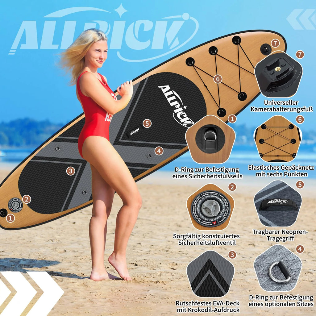 ALLPICK Set premium tavola SUP, tavola da Stand Up Paddling gonfiabile, con supporto universale per fotocamera, accessori completi, pagaia regolabile, principianti e avanzati, finitura effetto legno.
