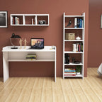 Composizione moderna scrivania per ufficio e casa in legno con mensola e libreria