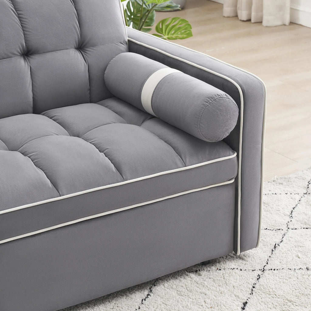 3 in 1 divano letto, piccolo velluto trapuntato convertibile divano futon con letto estraibile, schienale regolabile, cuscini cilindrici, multitasche, porta telefono per il soggiorno appartamento, grigio, 55,5”.