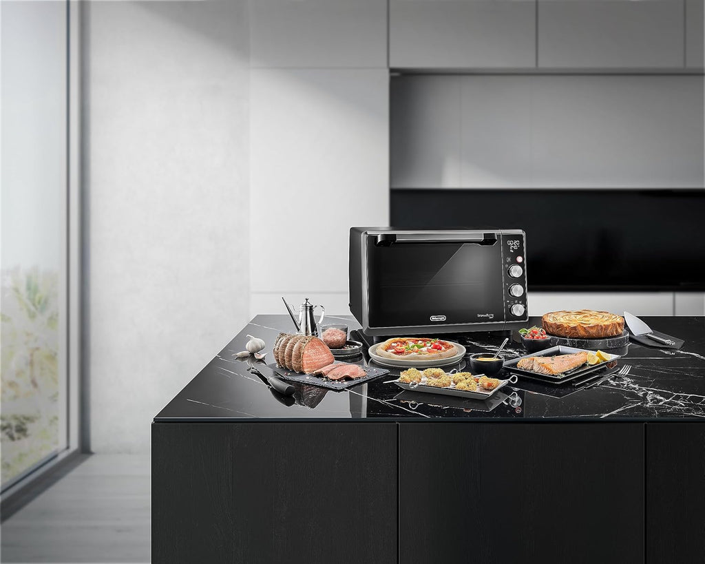 De'Longhi Sfornatutto Chef DO34326, Forno Elettrico Ventilato, 6 Funzioni Cottura, Funzione Friggitrice ad Aria, Display LCD, Timer 120', Leccarda, Griglia e Cestino Inclusi, Capacità 34L, 2000W, Nero