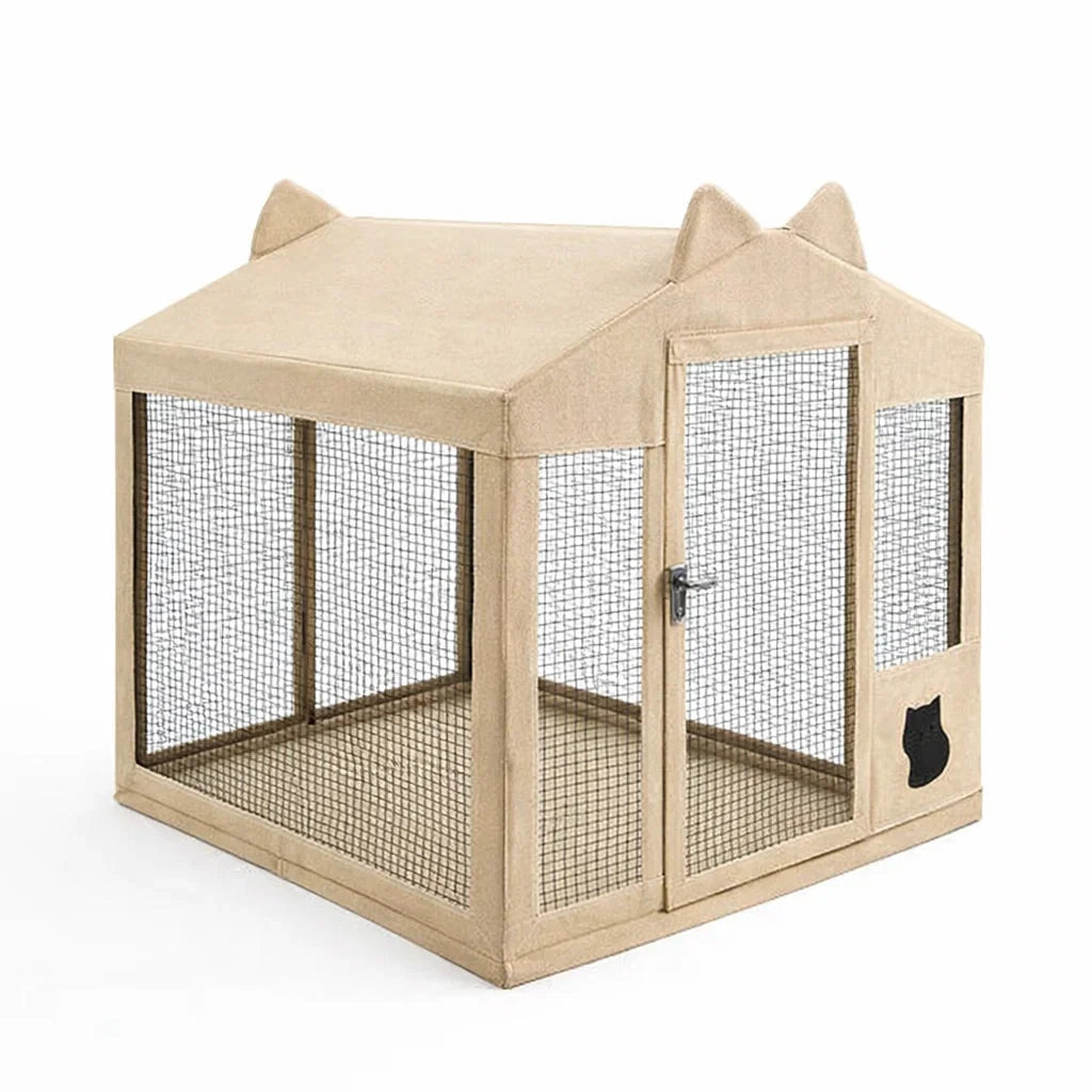 Gabbia per gatti in tela beige con rete metallica