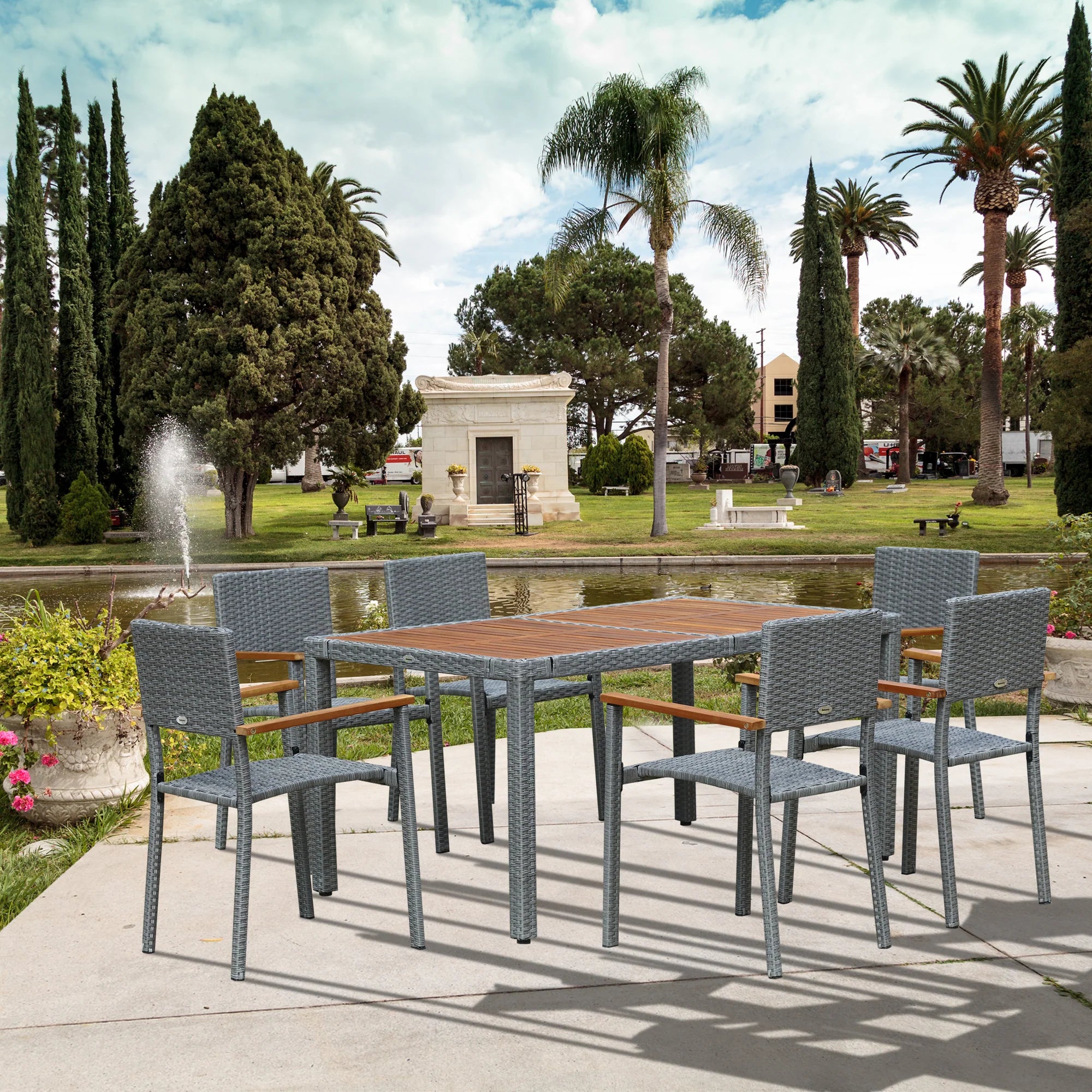 EasyComfort Set da Giardino 7 Pezzi, Tavolo in Acciaio e 6 Sedie in Legno e Rattan con Cuscini, Grigio