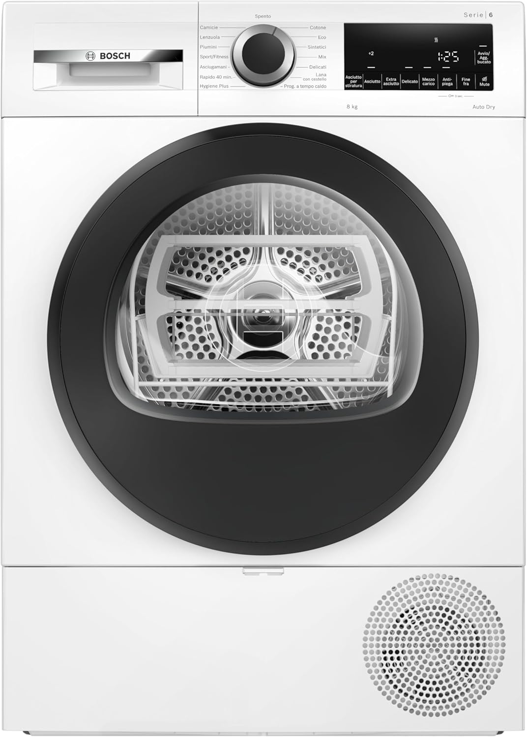 Bosch WQG233D0II Serie 6 Asciugatrice a pompa di calore, 8 kg, Classe energetica C, Sensori di asciugatura intelligenti, Filtro semplice da pulire, Cestello per capi in lana, Bianco, 60 Cm