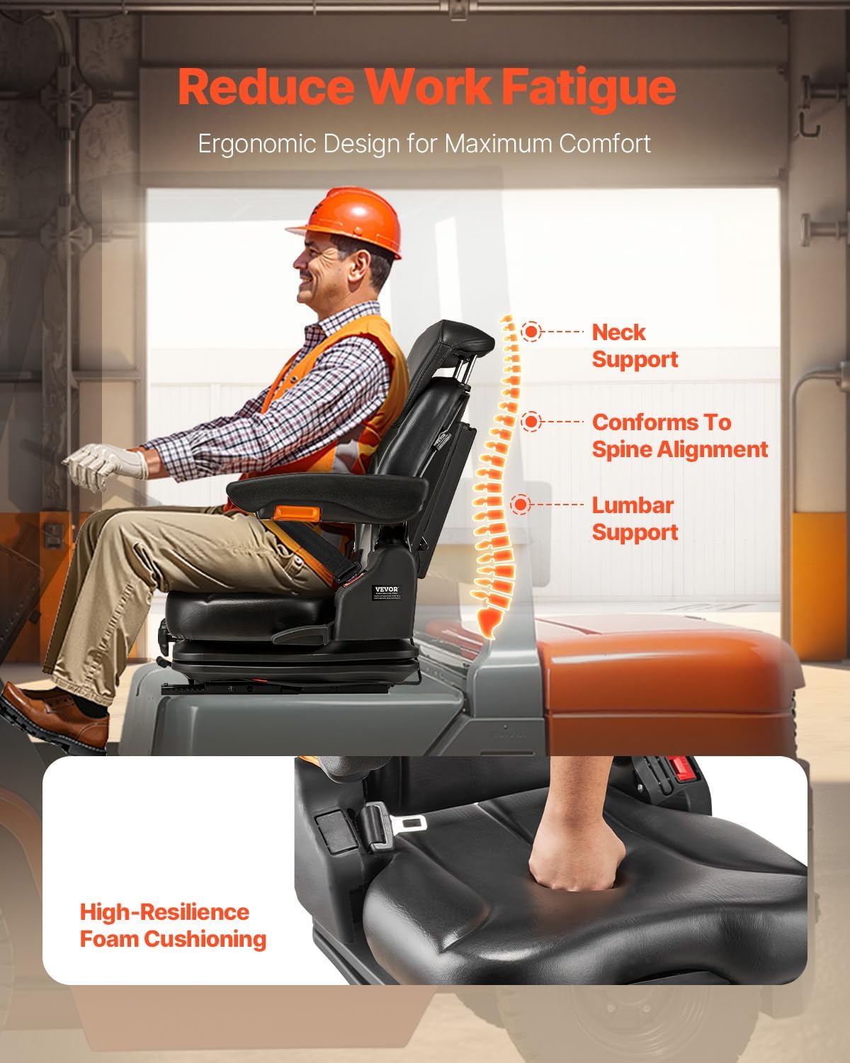 VEVOR Universal Forklift Seat with Adjustable Backrest, Armrest, Headrest and Safety Belt, Safe Folding Tractor Seat with Micro Switch for Lawnmowers