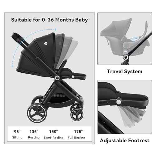 Passeggino Reversibile leggero (nero), ELITTLE EMU, passeggino portatile da 25 kg, ruote per tutti i terreni, pieghevole compatto, schienale regolabile a 95 175°, parasole UPF50  : Prima infanzia