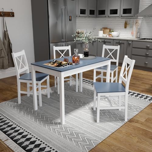 Mondeer Tavolo e Sedie Cucina, Set da Pranzo con Tavolo e 4 Sedie di Pino per le Cucina Sala da Pranzo, 108 x 65 x 73 cm, blu : Casa e cucina
