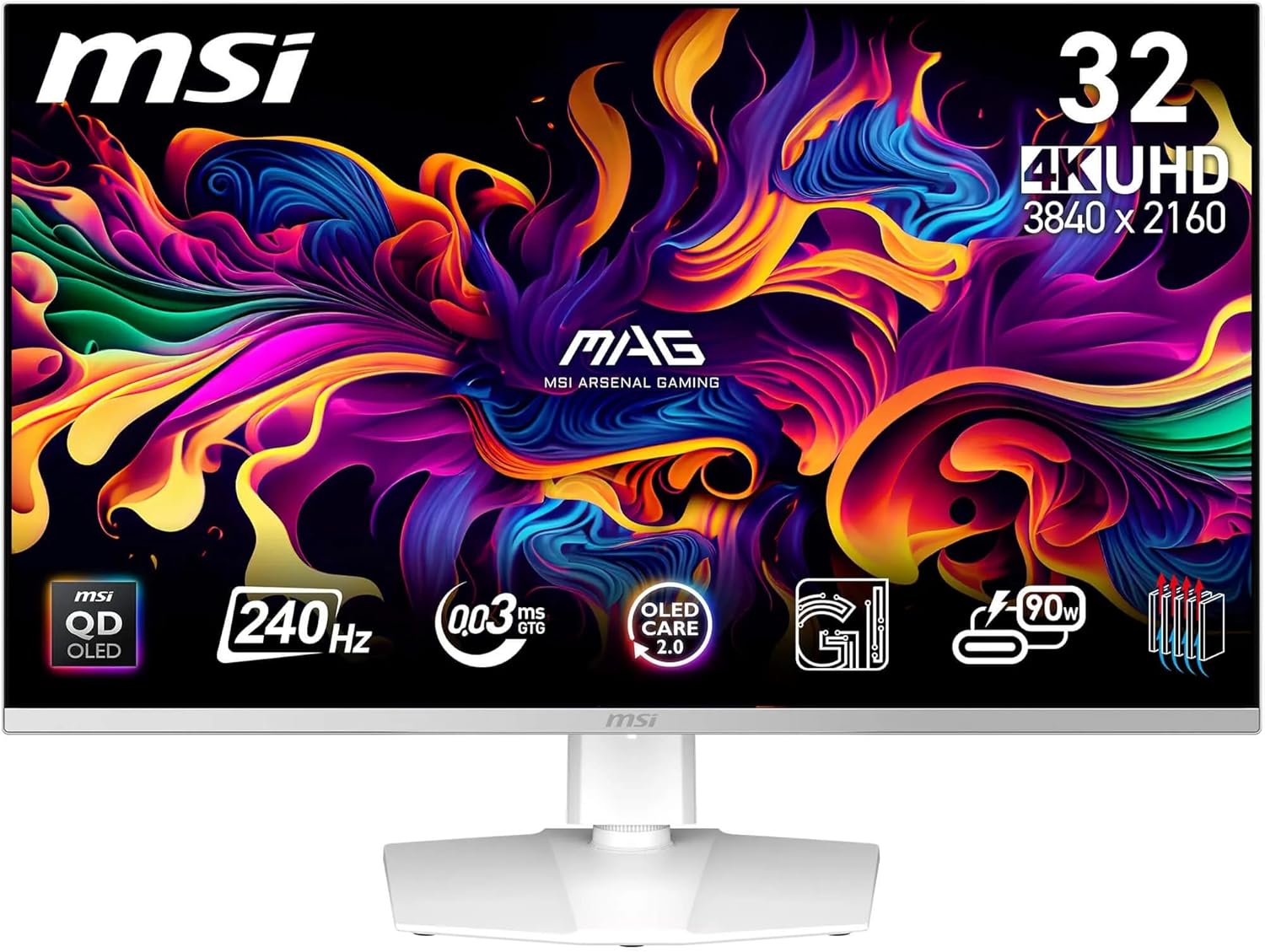 MSI MPG 321URXW QD-OLED 4K UHD Gaming Monitor da 31,5" - Pannello Quantum Dot OLED 3840 x 2160, 240Hz / 0,03ms, 99% DCI-P3, ΔE≤2, DisplayHDR True Black 400, KVM, RGB - DP 1.4a, HDMI 2.1, USB Type-C