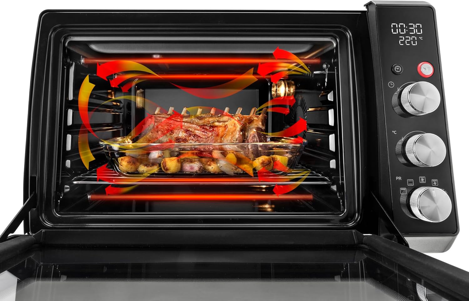 De'Longhi Sfornatutto Chef DO34326, Forno Elettrico Ventilato, 6 Funzioni Cottura, Funzione Friggitrice ad Aria, Display LCD, Timer 120', Leccarda, Griglia e Cestino Inclusi, Capacità 34L, 2000W, Nero