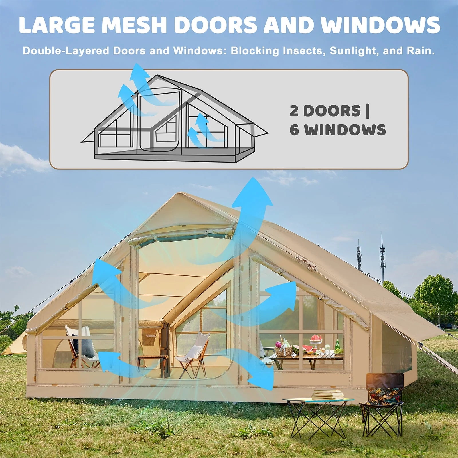 Tenda da campeggio gonfiabile per 6 persone con pompa, tenda familiare Glamping di 10 piedi x 7 piedi Facile installazione 4 stagioni impermeabile antivento all'aperto Blow Up Tent Cabina Oxford di lusso con finestre e porte a rete
