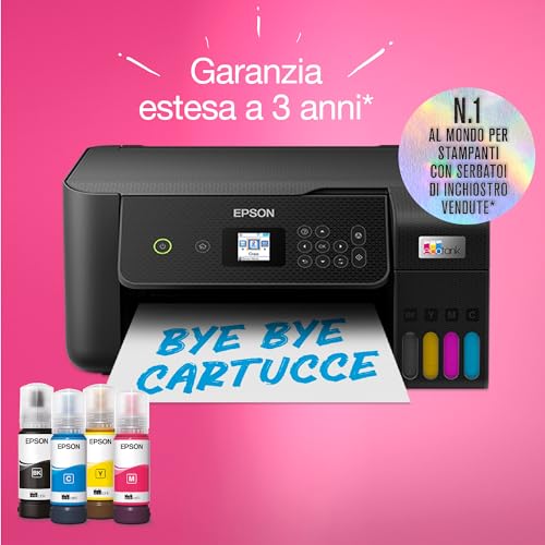 Epson EcoTank ET 2821 Stampante Multifunzione 3 in 1 A4, Serbatoi Ricaricabili Alta Capacità, 4 Flaconi Inclusi pari a 3600pag B/N 6500pag Colore, Display LCD USB Wi Fi/Direct, Nero : Informatica