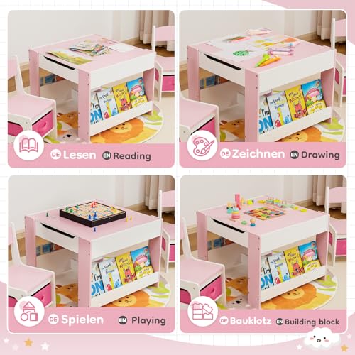 Yorbay Tavolo per Bambini con 2 Sedie, Set di Mobili per Bambini in Legno con Vano Portaoggetti e Scaffalature, 3 in 1, Tavolo da Attività e Tavolo da Tavolo, Cameretta dei Bambini,Sala Giochi : Casa e cucina