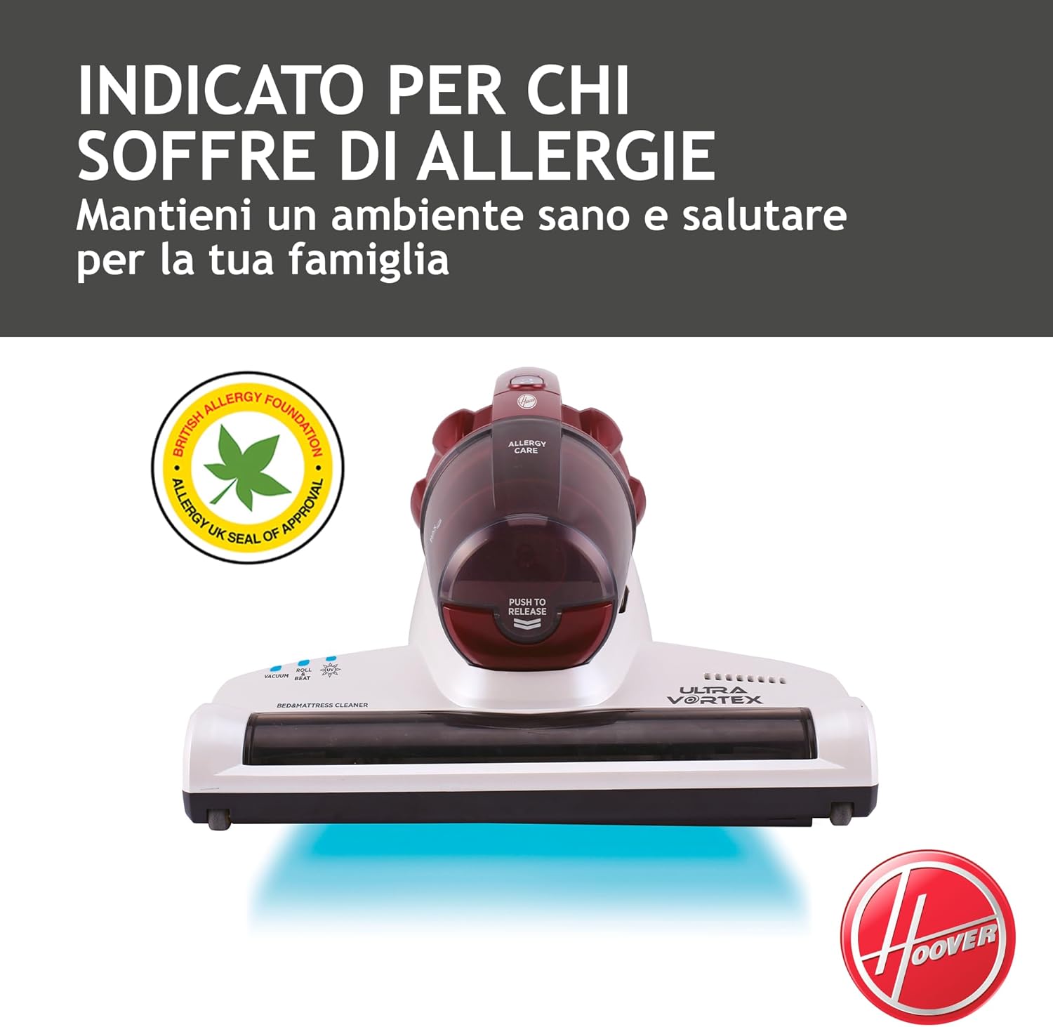 Hoover Ultra Vortex MBC500UV 011 Battimaterasso con Luce UV-C, 500W, 0,3 L, Antiacaro, Antibatterica, Rimuove Allergeni e Polvere, 3 Programmi, Rosso