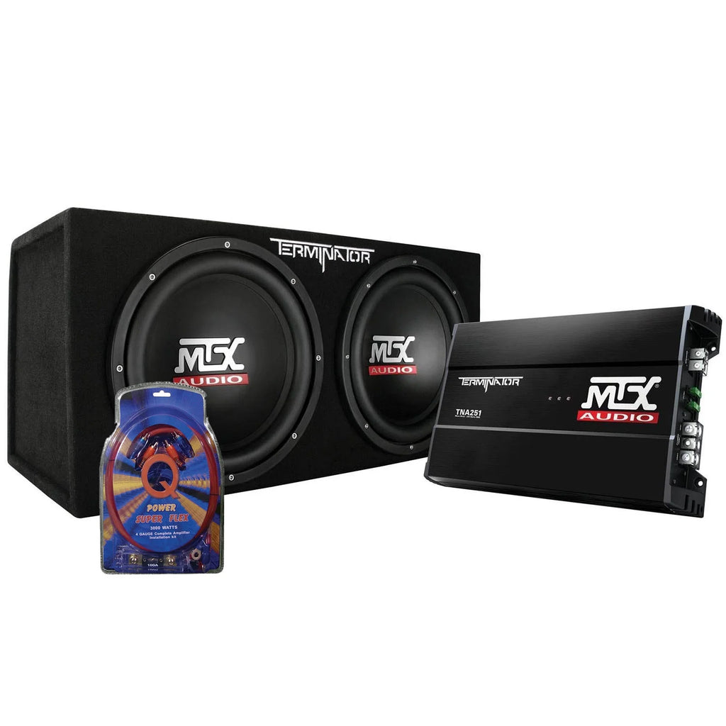Subwoofer per auto MTX da 12" a doppio caricamento con subwoofer, amplificatore e kit di cablaggio QPower
