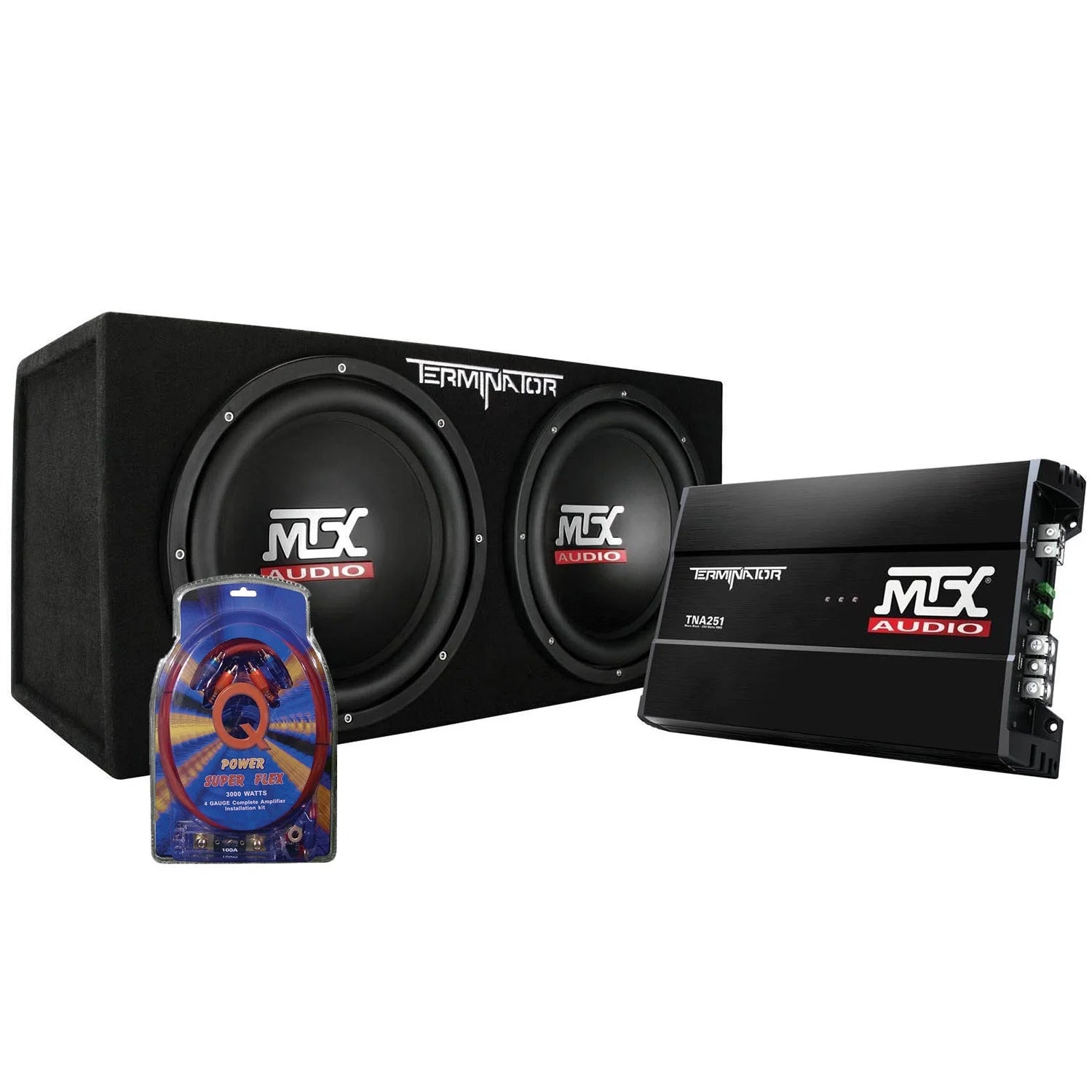 Subwoofer per auto MTX da 12" a doppio caricamento con subwoofer, amplificatore e kit di cablaggio QPower