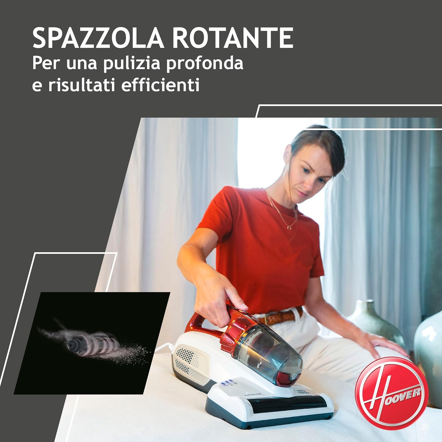 Hoover Ultra Vortex MBC500UV 011 Battimaterasso con Luce UV-C, 500W, 0,3 L, Antiacaro, Antibatterica, Rimuove Allergeni e Polvere, 3 Programmi, Rosso