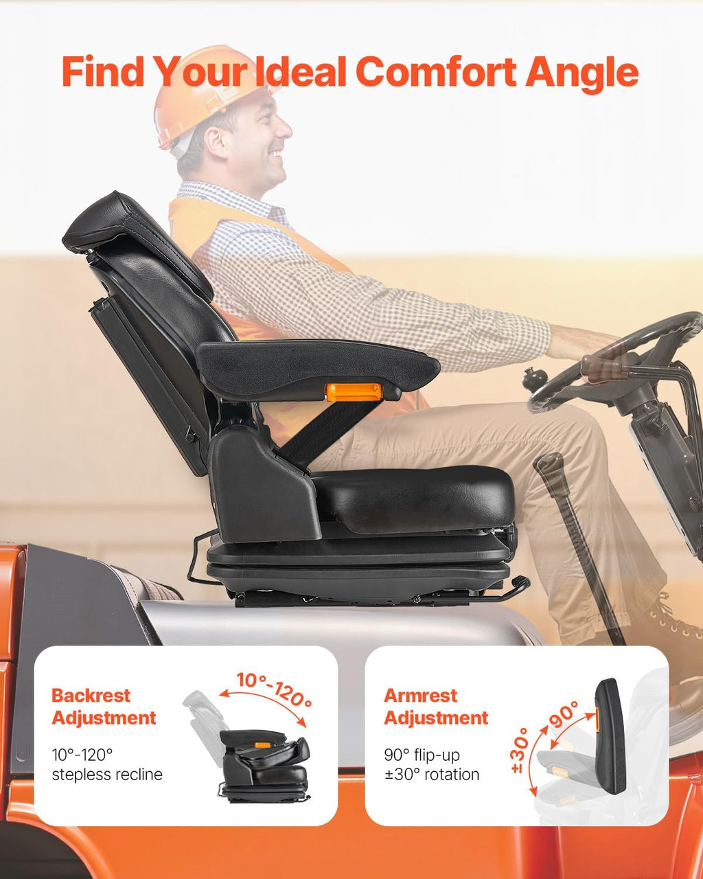 VEVOR Universal Forklift Seat with Adjustable Backrest, Armrest, Headrest and Safety Belt, Safe Folding Tractor Seat with Micro Switch for Lawnmowers