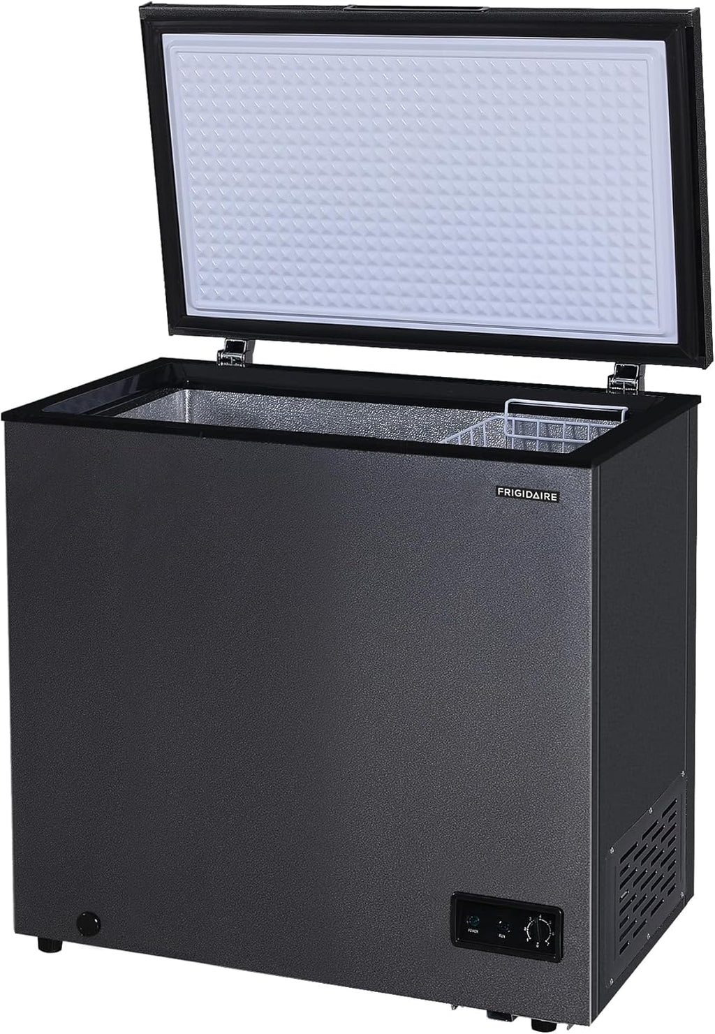 Congelatore a pozzetto Frigidaire EFRF70136COM 2025, capacità 7 piedi cubi, design robusto, termostato regolabile, cestello in filo rivestito in vinile rimovibile, scarico di sbrinamento facile.