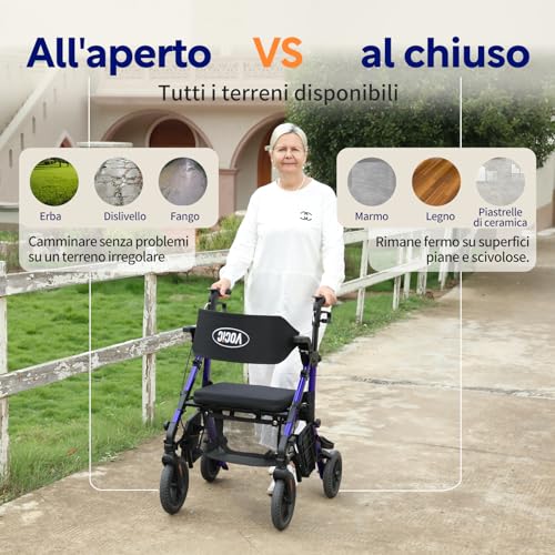 VOCIC Deambulatore Sedia Rotelle 2 in 1|Deambulatore per anziani 4 ruote con seduta,Carrello pieghevole per tutti i terreni|Rollator da esterno egolabile in altezza in alluminio |Blu 5 anni garanzia : Amazon.it: Salute e cura della persona