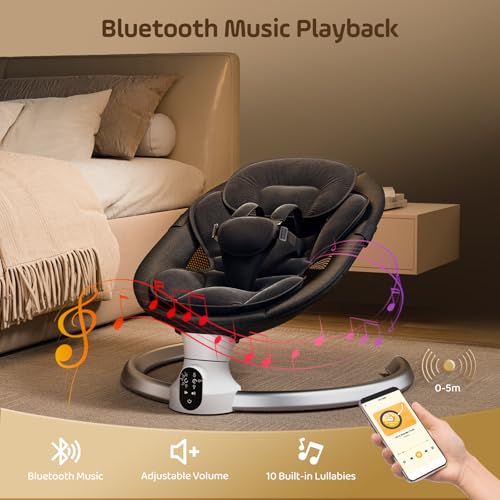 Ixdregan Sdraietta Neonati Elettrica   App e Telecomando Dondolo Neonati Elettrico con 3 timer, 5 Velocità di Altalena, 10 Musiche, Sdraietta Neonati Bluetooth Imbottita Morbida Baby (APP Nero) : Prima infanzia