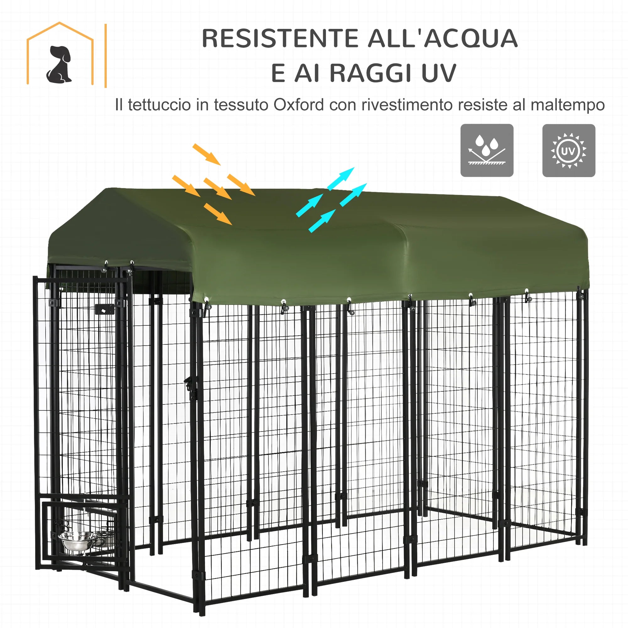Easycomfort Kennel per Cani in Acciaio per Interni ed Esterni con Tettuccio in Tessuto Oxford e 2 Ciotole, 244x122x183 cm