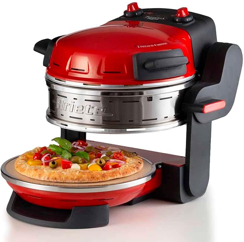 Ariete 927 Pizzeria Ariete, Forno pizza doppio, 2300 W, 2 pietre refrattarie, 2 pizze in 4 minuti, 2 termostati, Diametro 32 cm, 5 livelli di cottura, 2 pale in acciaio inox, Rosso