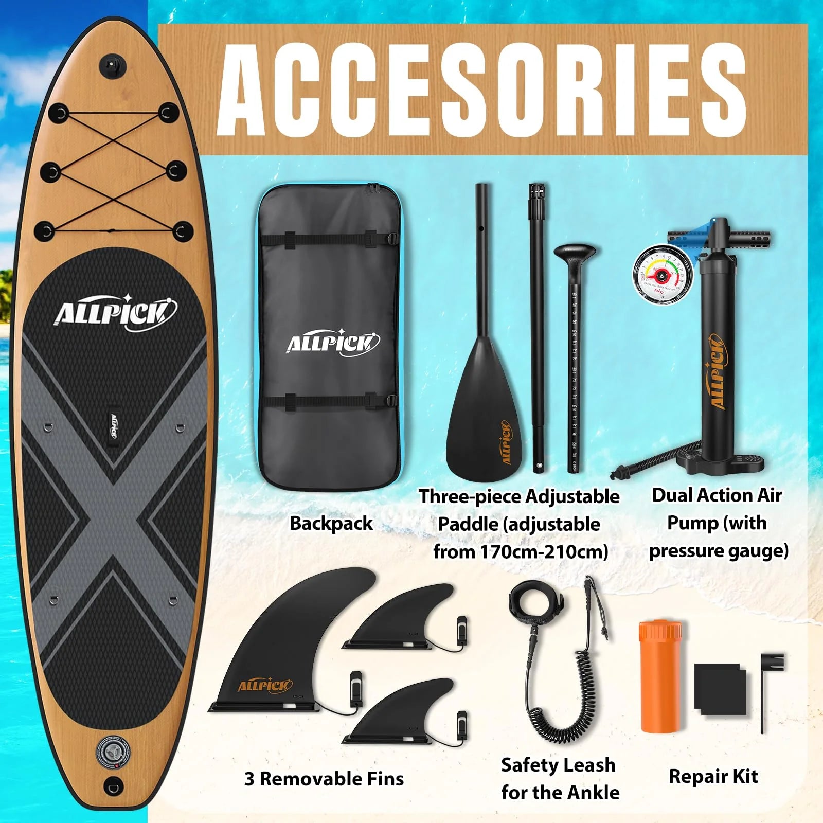 ALLPICK Set premium tavola SUP, tavola da Stand Up Paddling gonfiabile, con supporto universale per fotocamera, accessori completi, pagaia regolabile, principianti e avanzati, finitura effetto legno.