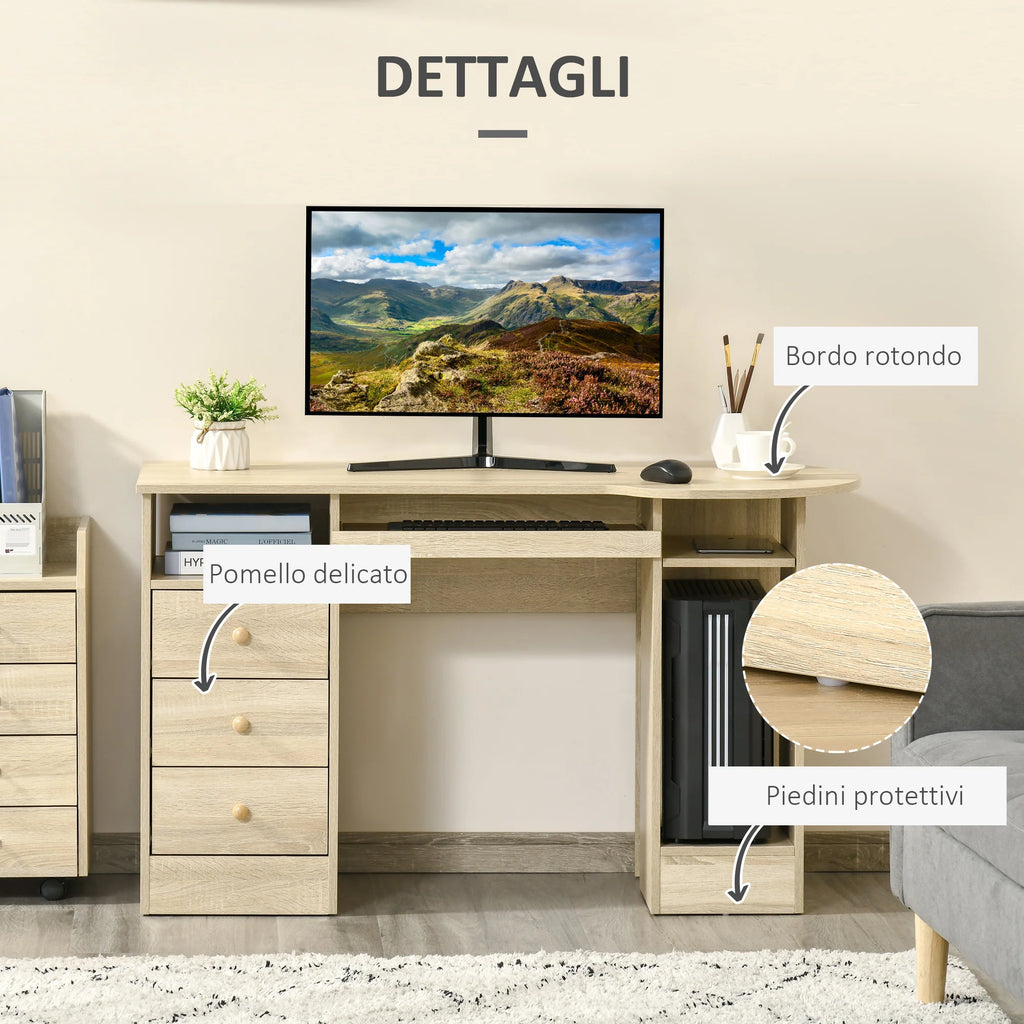 Easycomfort Scrivania da PC per Ufficio con Scaffali, Cassetti e Ripiano Testiera in Legno, 125x60x74cm
