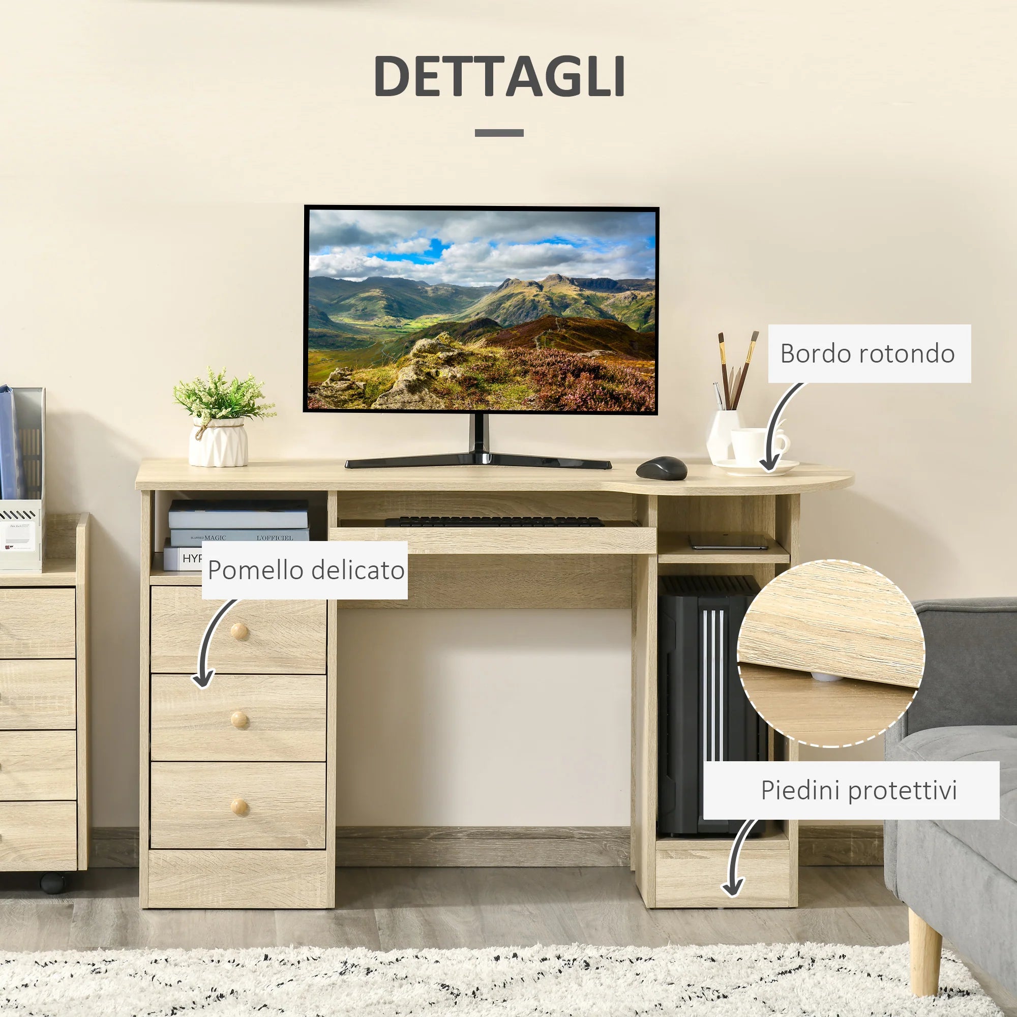 Easycomfort Scrivania da PC per Ufficio con Scaffali, Cassetti e Ripiano Testiera in Legno, 125x60x74cm