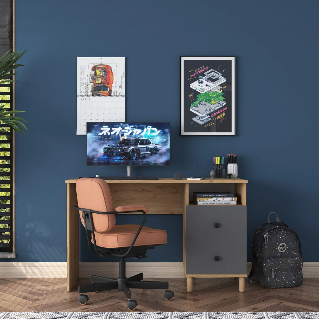 Composizione studio moderna con scrivania libreria e mensola antracite e naturale
