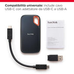 SanDisk 2TB Extreme SSD portatile, Unità a stato solido NVMe esterna, fino a 1050 MB/s, USB C, USB 3.2 Gen 2x2, Indice di protezione IP65 per la resistenza ad acqua e polvere, Nero : Informatica