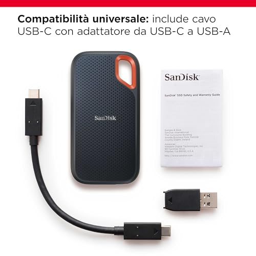 SanDisk 2TB Extreme SSD portatile, Unità a stato solido NVMe esterna, fino a 1050 MB/s, USB C, USB 3.2 Gen 2x2, Indice di protezione IP65 per la resistenza ad acqua e polvere, Nero : Informatica