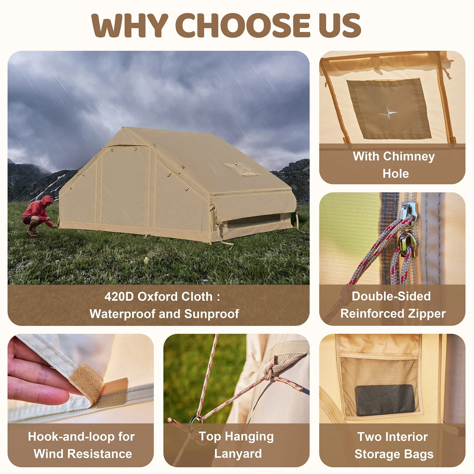 Tenda da campeggio gonfiabile per 6 persone con pompa, tenda familiare Glamping di 10 piedi x 7 piedi Facile installazione 4 stagioni impermeabile antivento all'aperto Blow Up Tent Cabina Oxford di lusso con finestre e porte a rete