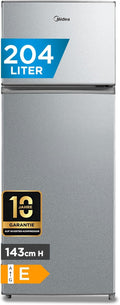 Midea MERT210FGE50 204L Double Door Fridge-Freezer, Top Mount, 176kWh/annum, Adjustable Temperature Control, LED Light, Silver