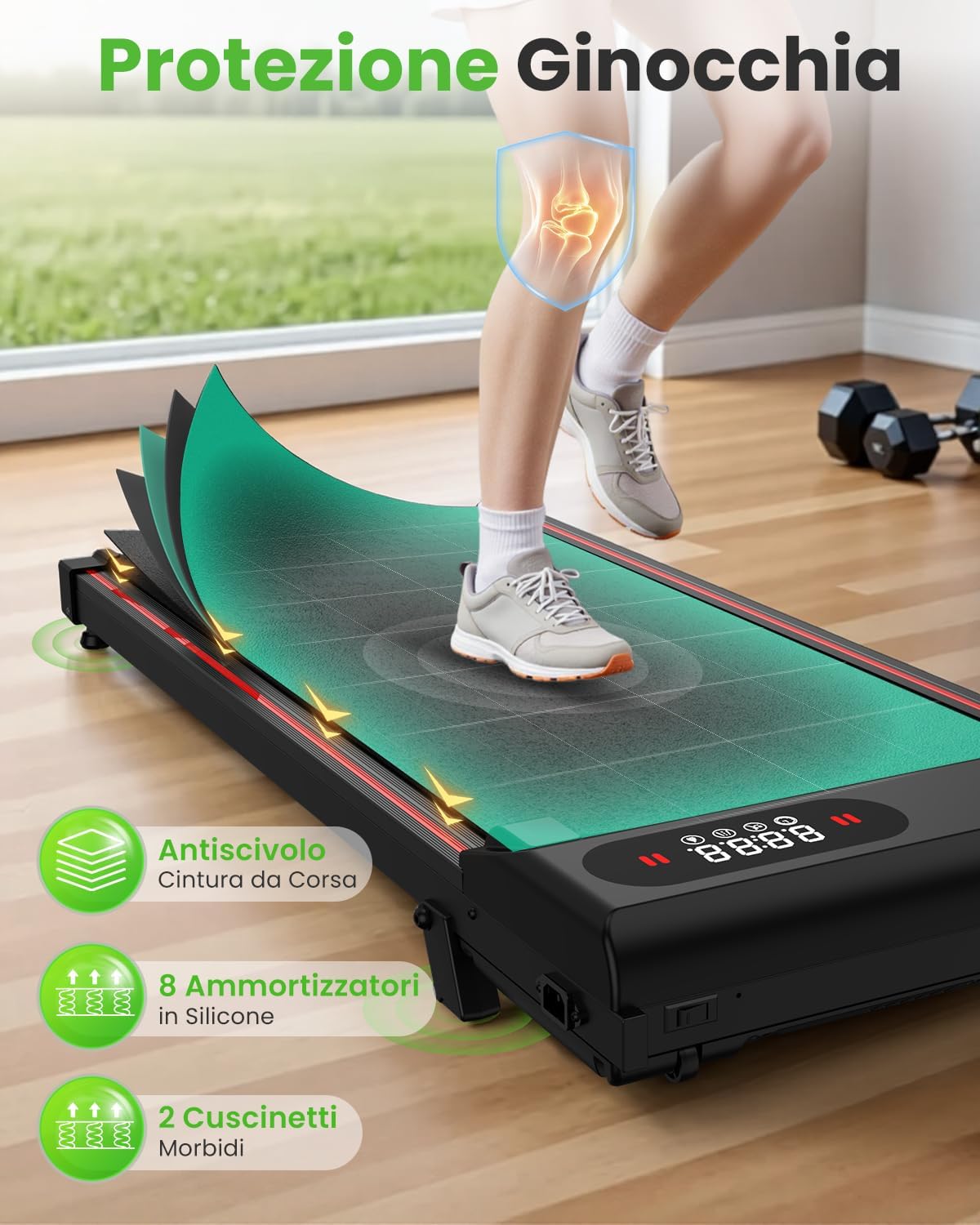 Tapis Roulant Elettrico Pieghevole Salvaspazio, Velocità Regolabile 1-8Km/H, Walking Pad 2.5HP, Nessuna installazione richiesta, Salvaspazio, Telecomando