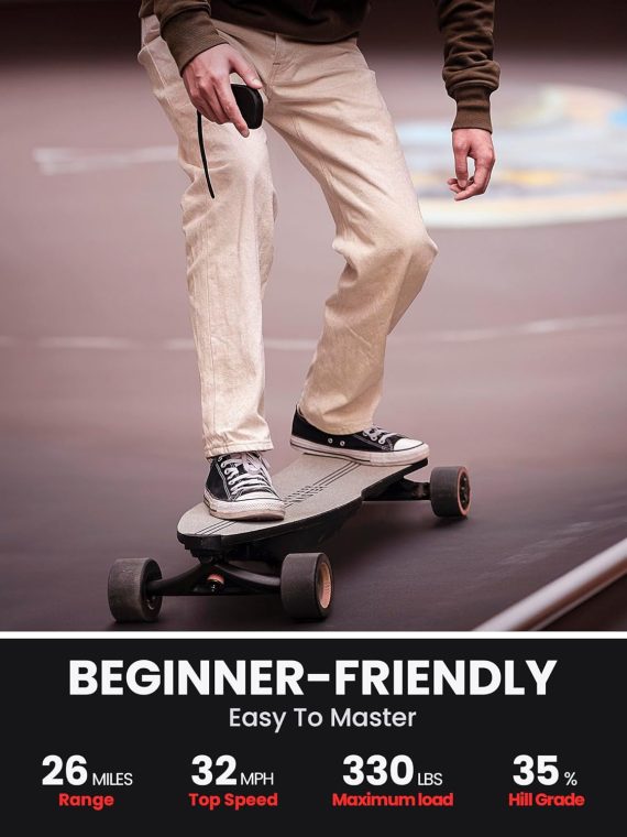 Skateboard elettrico Caribou con telecomando, autonomia 26 miglia, velocità massima 32 mph, 2 motori nel mozzo da 1000 W, longboard elettrico per adulti e adolescenti principianti, garanzia di 6 mesi.