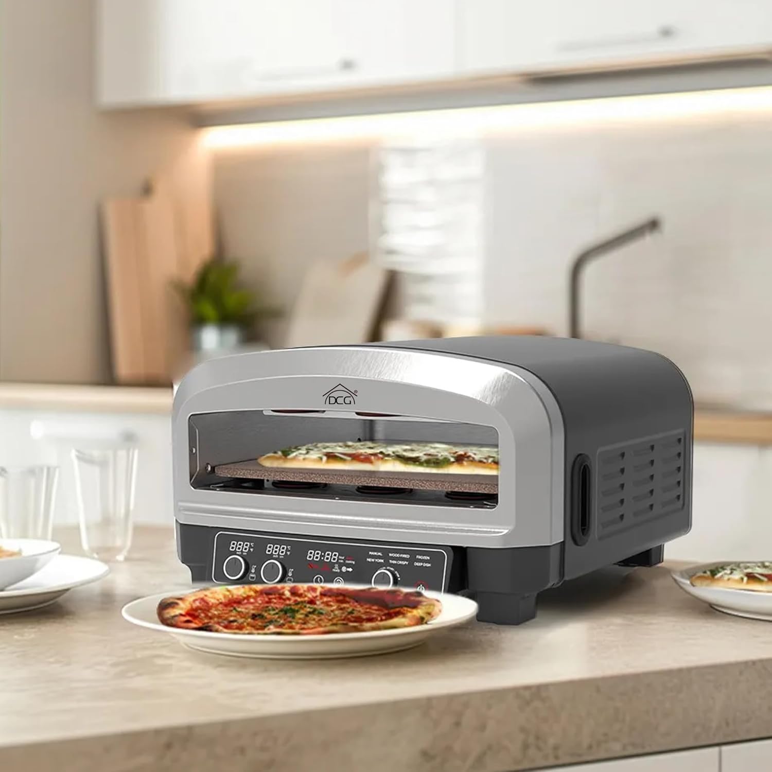 Forno Pizza XXL Professionale, Cuoce in 2 minuti, scalda fino a 400°, Piano cottura in pietra refrattaria da 37x37 cm rimovibile, 2200W 20LT Con pala in alluminio